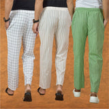 COMBO OF 3 MEN STRIPE COTTON HANDLOOM PANT OLIVE GREEN BEIGE AND WHITE