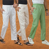 COMBO OF 3 MEN STRIPE COTTON HANDLOOM PANT OLIVE GREEN BEIGE AND WHITE