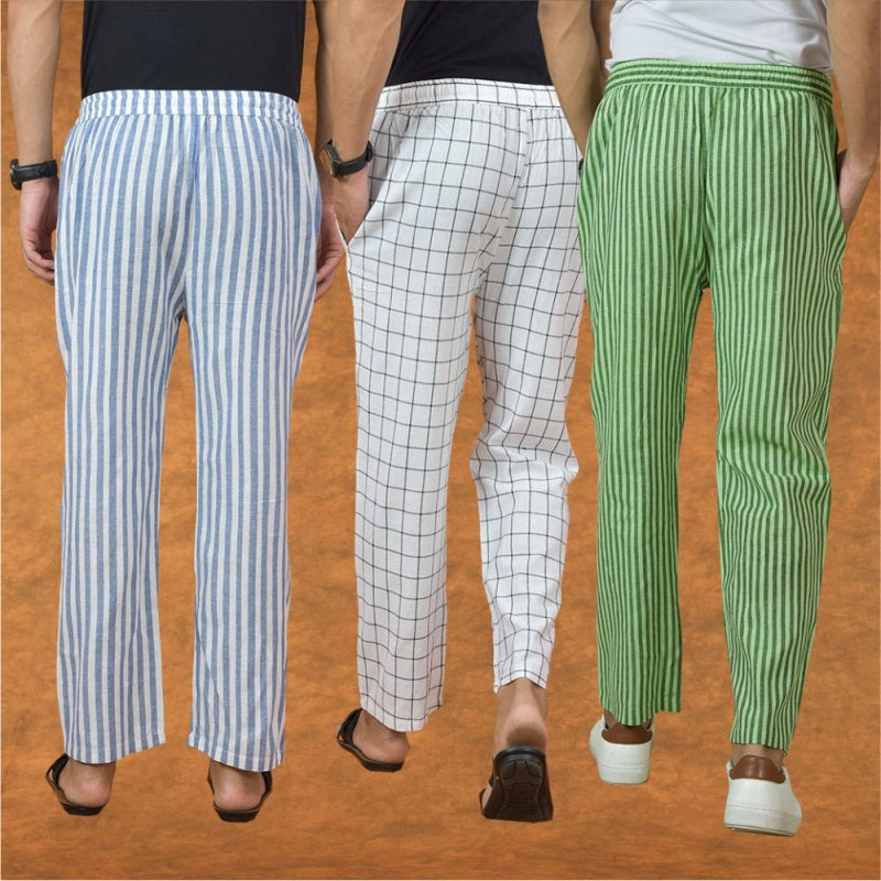 COMBO OF 3 MEN STRIPE COTTON HANDLOOM PANT OLIVE GREEN WHITE AND BLUE