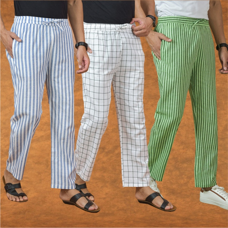 COMBO OF 3 MEN STRIPE COTTON HANDLOOM PANT OLIVE GREEN WHITE AND BLUE