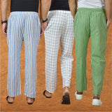 COMBO OF 3 MEN STRIPE COTTON HANDLOOM PANT OLIVE GREEN WHITE AND BLUE