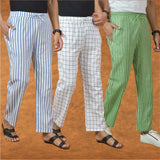 COMBO OF 3 MEN STRIPE COTTON HANDLOOM PANT OLIVE GREEN WHITE AND BLUE