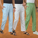 COMBO OF 3 MEN STRIPE COTTON HANDLOOM PANT OLIVE GREEN WHITE AND SKY BLUE