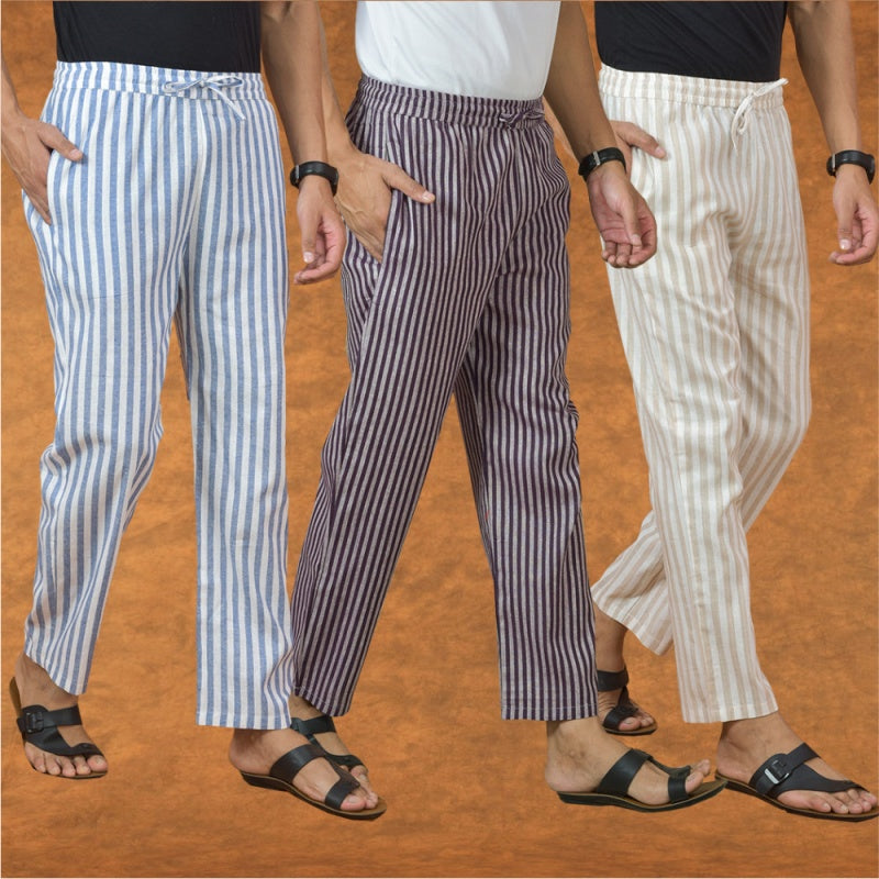 COMBO OF 3 MEN STRIPE COTTON HANDLOOM PANT PURPLE BEIGE AND BLUE