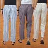 COMBO OF 3 MEN STRIPE COTTON HANDLOOM PANT PURPLE BEIGE AND BLUE