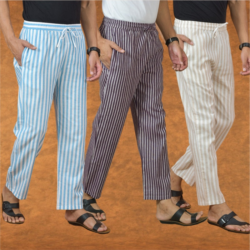 COMBO OF 3 MEN STRIPE COTTON HANDLOOM PANT PURPLE BEIGE AND SKY BLUE
