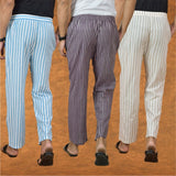 COMBO OF 3 MEN STRIPE COTTON HANDLOOM PANT PURPLE BEIGE AND SKY BLUE