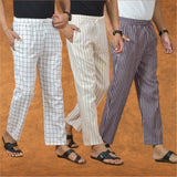 COMBO OF 3 MEN STRIPE COTTON HANDLOOM PANT PURPLE BEIGE AND WHITE