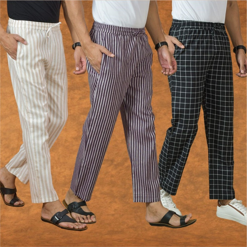 COMBO OF 3 MEN STRIPE COTTON HANDLOOM PANT PURPLE BLACK AND BEIGE