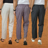 COMBO OF 3 MEN STRIPE COTTON HANDLOOM PANT PURPLE BLACK AND BEIGE