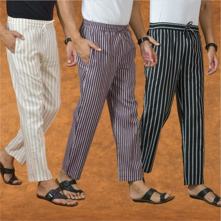 COMBO OF 3 MEN STRIPE COTTON HANDLOOM PANT PURPLE BLACK AND BEIGE-