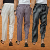 COMBO OF 3 MEN STRIPE COTTON HANDLOOM PANT PURPLE BLACK AND BEIGE-