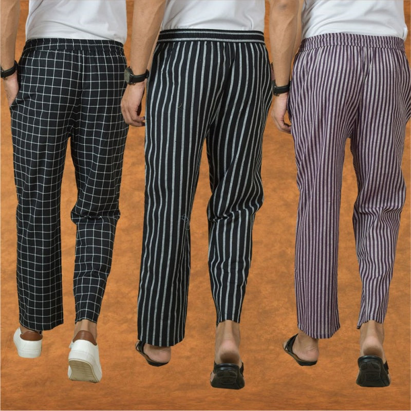 COMBO OF 3 MEN STRIPE COTTON HANDLOOM PANT PURPLE BLACK AND BLACK