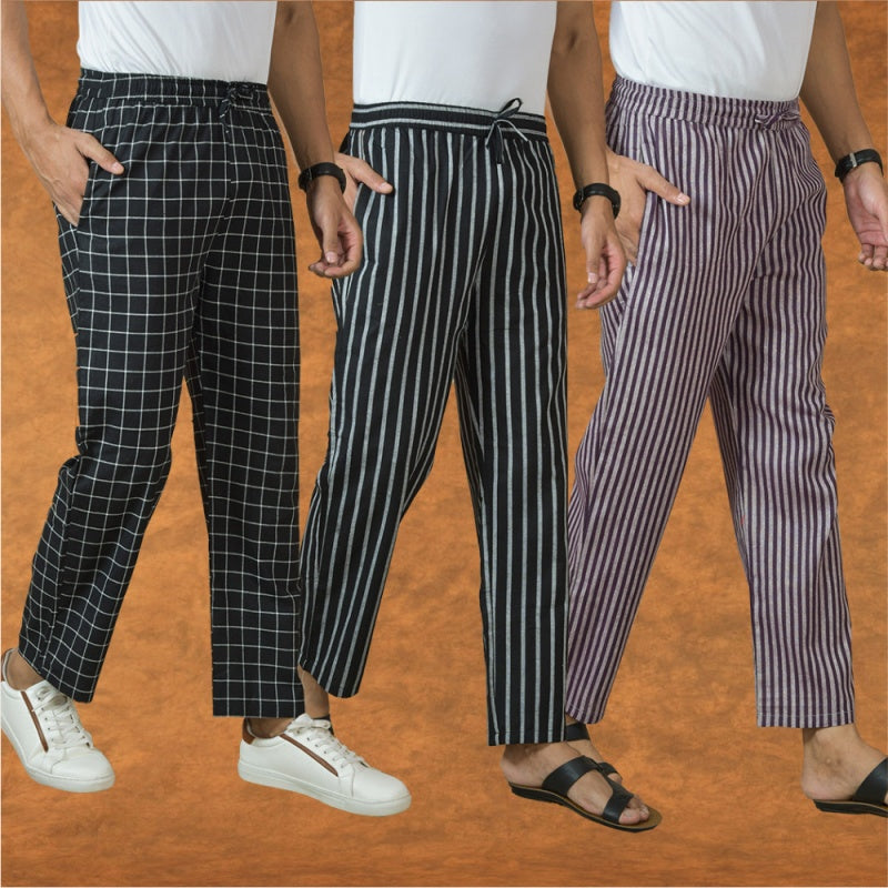 COMBO OF 3 MEN STRIPE COTTON HANDLOOM PANT PURPLE BLACK AND BLACK