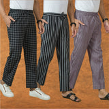 COMBO OF 3 MEN STRIPE COTTON HANDLOOM PANT PURPLE BLACK AND BLACK