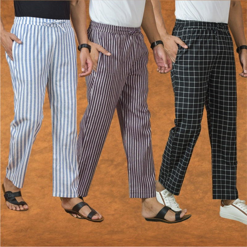 COMBO OF 3 MEN STRIPE COTTON HANDLOOM PANT PURPLE BLACK AND BLUE