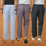 COMBO OF 3 MEN STRIPE COTTON HANDLOOM PANT PURPLE BLACK AND BLUE
