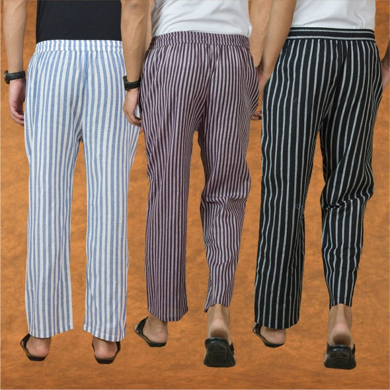COMBO OF 3 MEN STRIPE COTTON HANDLOOM PANT PURPLE BLACK AND BLUE