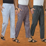 COMBO OF 3 MEN STRIPE COTTON HANDLOOM PANT PURPLE BLACK AND BLUE