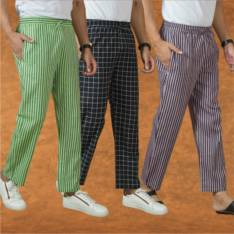 COMBO OF 3 MEN STRIPE COTTON HANDLOOM PANT PURPLE BLACK AND OLIVE GREEN