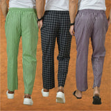 COMBO OF 3 MEN STRIPE COTTON HANDLOOM PANT PURPLE BLACK AND OLIVE GREEN