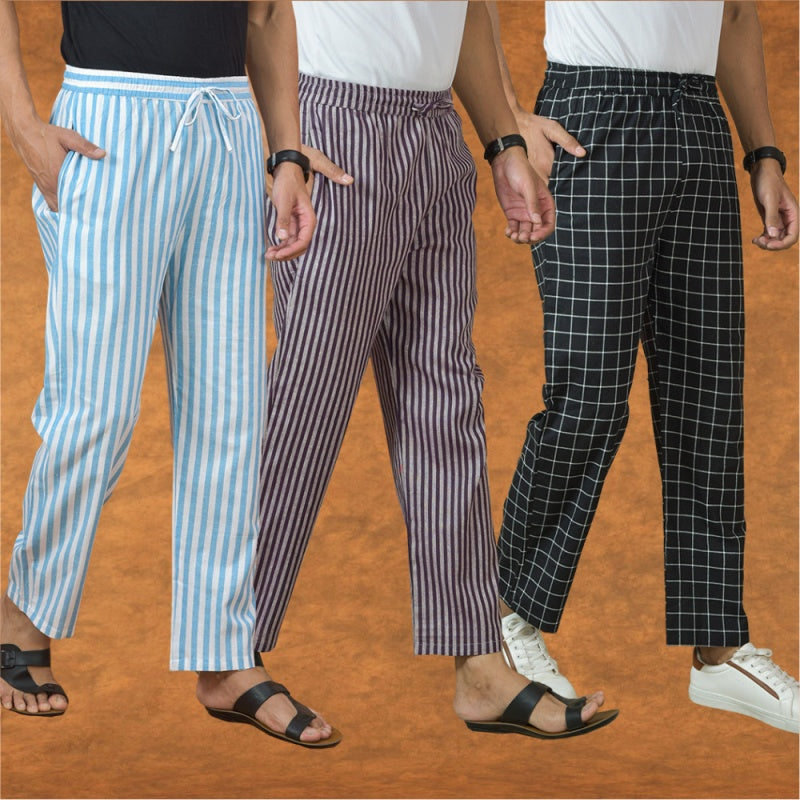 COMBO OF 3 MEN STRIPE COTTON HANDLOOM PANT PURPLE BLACK AND SKY BLUE