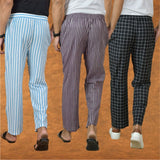 COMBO OF 3 MEN STRIPE COTTON HANDLOOM PANT PURPLE BLACK AND SKY BLUE