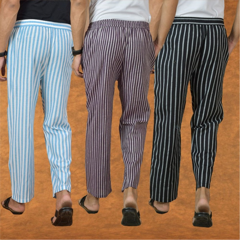 COMBO OF 3 MEN STRIPE COTTON HANDLOOM PANT PURPLE BLACK AND SKY BLUE
