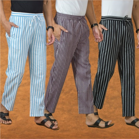 COMBO OF 3 MEN STRIPE COTTON HANDLOOM PANT PURPLE BLACK AND SKY BLUE