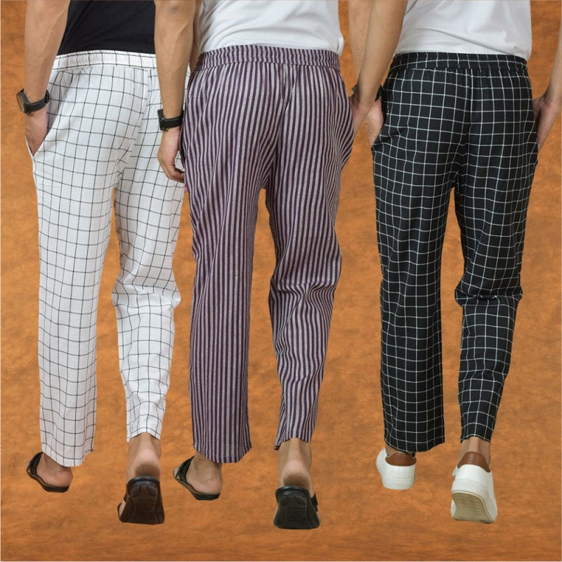COMBO OF 3 MEN STRIPE COTTON HANDLOOM PANT PURPLE BLACK AND WHITE
