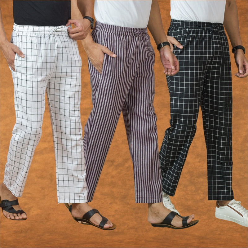 COMBO OF 3 MEN STRIPE COTTON HANDLOOM PANT PURPLE BLACK AND WHITE