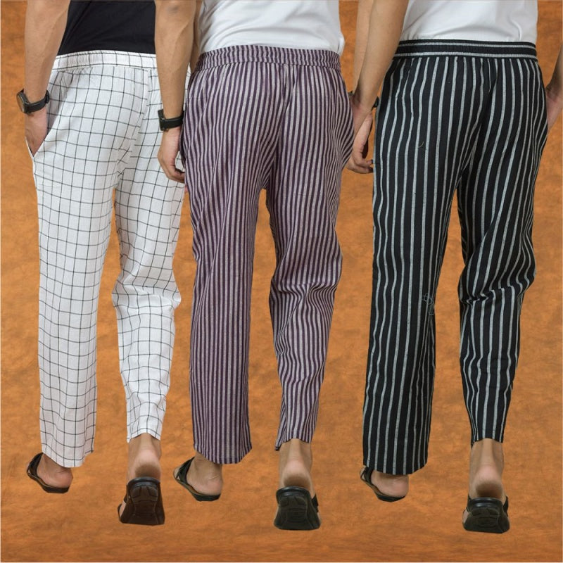 COMBO OF 3 MEN STRIPE COTTON HANDLOOM PANT PURPLE BLACK AND WHITE