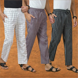 COMBO OF 3 MEN STRIPE COTTON HANDLOOM PANT PURPLE BLACK AND WHITE