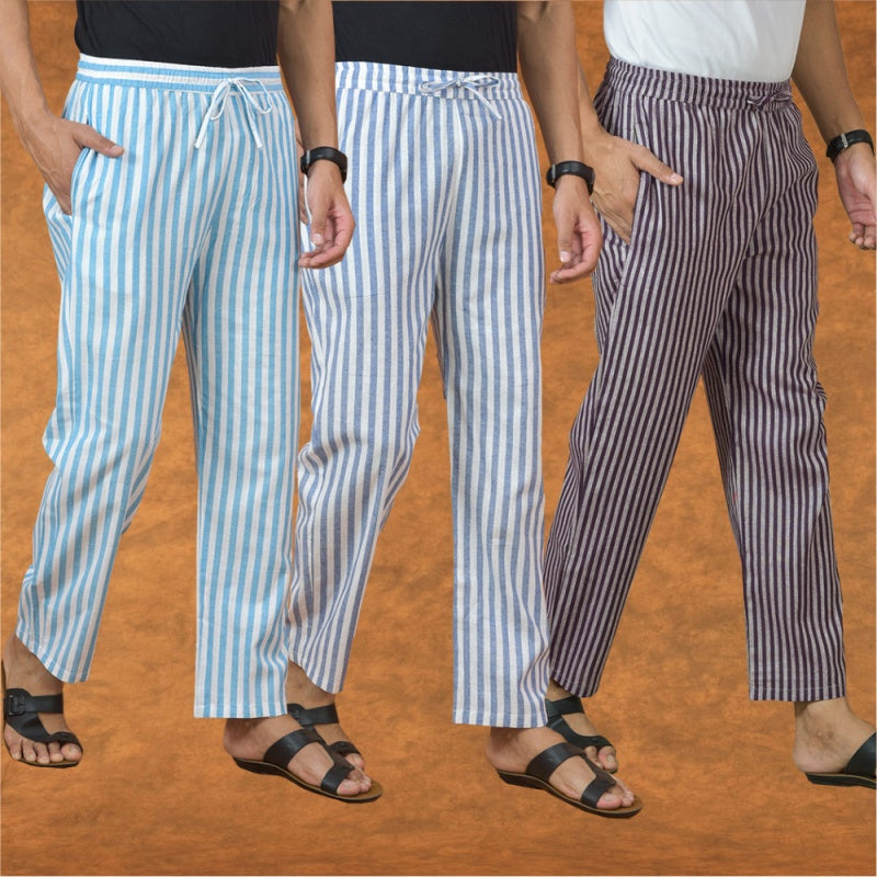COMBO OF 3 MEN STRIPE COTTON HANDLOOM PANT PURPLE BLUE AND SKY BLUE