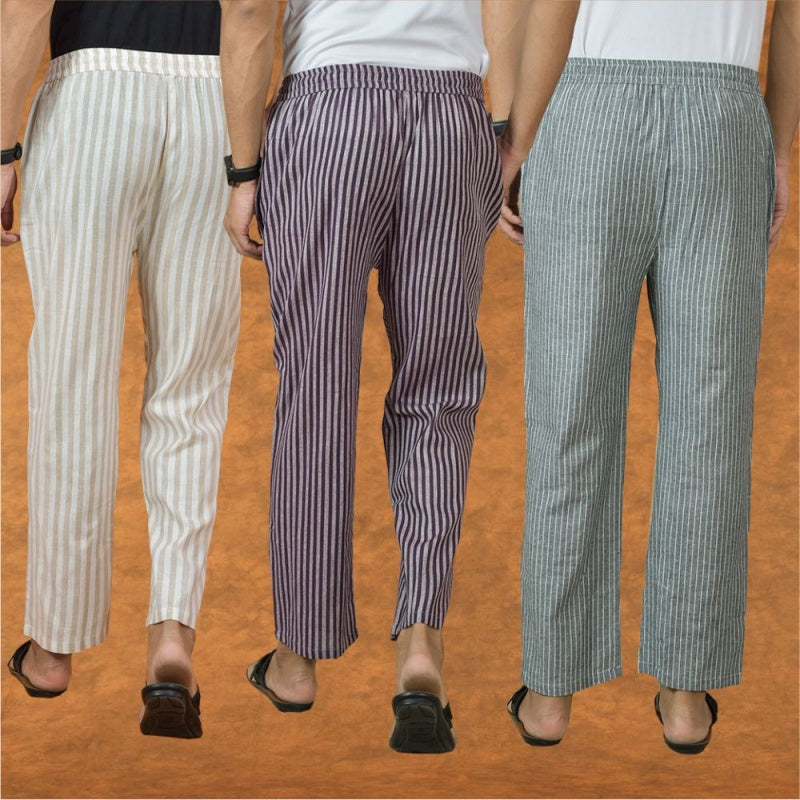 COMBO OF 3 MEN STRIPE COTTON HANDLOOM PANT PURPLE GRAY AND BEIGE