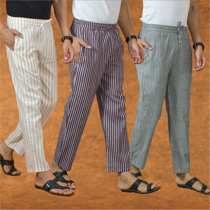 COMBO OF 3 MEN STRIPE COTTON HANDLOOM PANT PURPLE GRAY AND BEIGE
