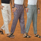 COMBO OF 3 MEN STRIPE COTTON HANDLOOM PANT PURPLE GRAY AND BEIGE