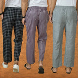 COMBO OF 3 MEN STRIPE COTTON HANDLOOM PANT PURPLE GRAY AND BLACK
