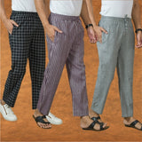 COMBO OF 3 MEN STRIPE COTTON HANDLOOM PANT PURPLE GRAY AND BLACK