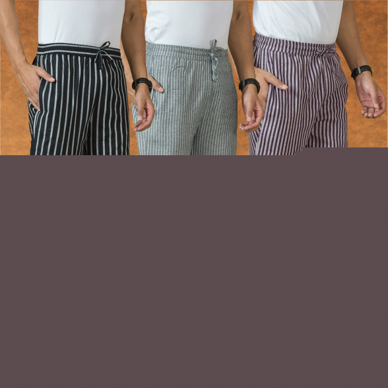 COMBO OF 3 MEN STRIPE COTTON HANDLOOM PANT PURPLE GRAY AND BLACK