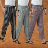 COMBO OF 3 MEN STRIPE COTTON HANDLOOM PANT PURPLE GRAY AND BLACK