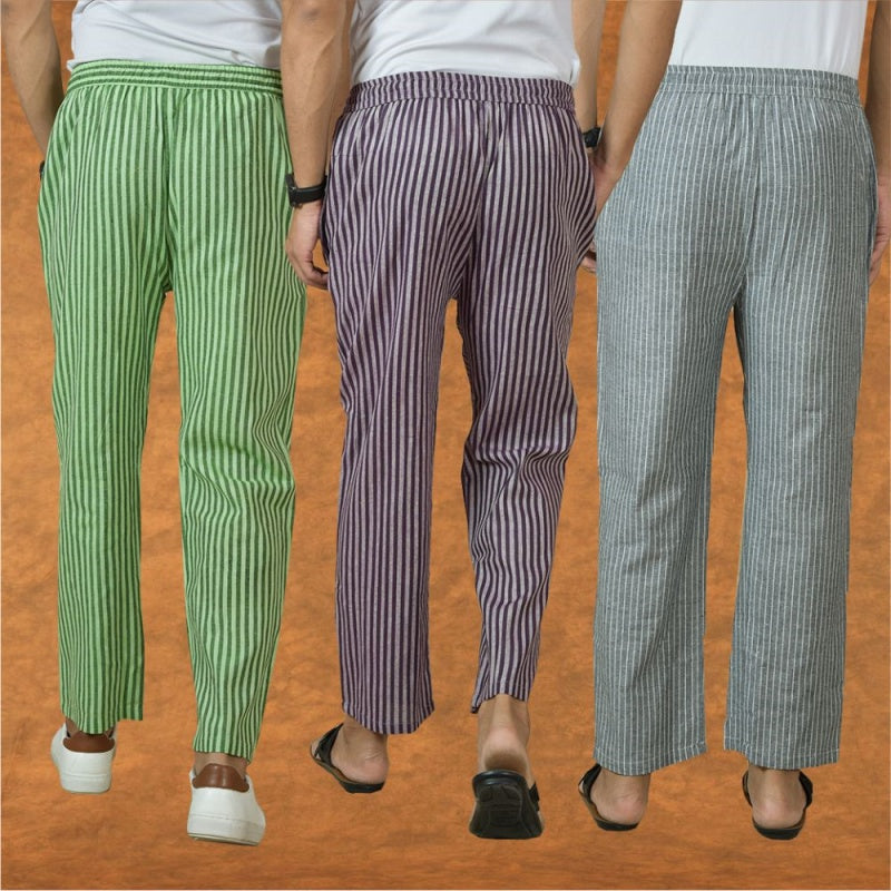 COMBO OF 3 MEN STRIPE COTTON HANDLOOM PANT PURPLE GRAY AND OLIVE GREEN