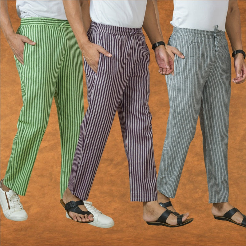 COMBO OF 3 MEN STRIPE COTTON HANDLOOM PANT PURPLE GRAY AND OLIVE GREEN