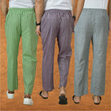 COMBO OF 3 MEN STRIPE COTTON HANDLOOM PANT PURPLE GRAY AND OLIVE GREEN