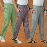 COMBO OF 3 MEN STRIPE COTTON HANDLOOM PANT PURPLE GRAY AND OLIVE GREEN