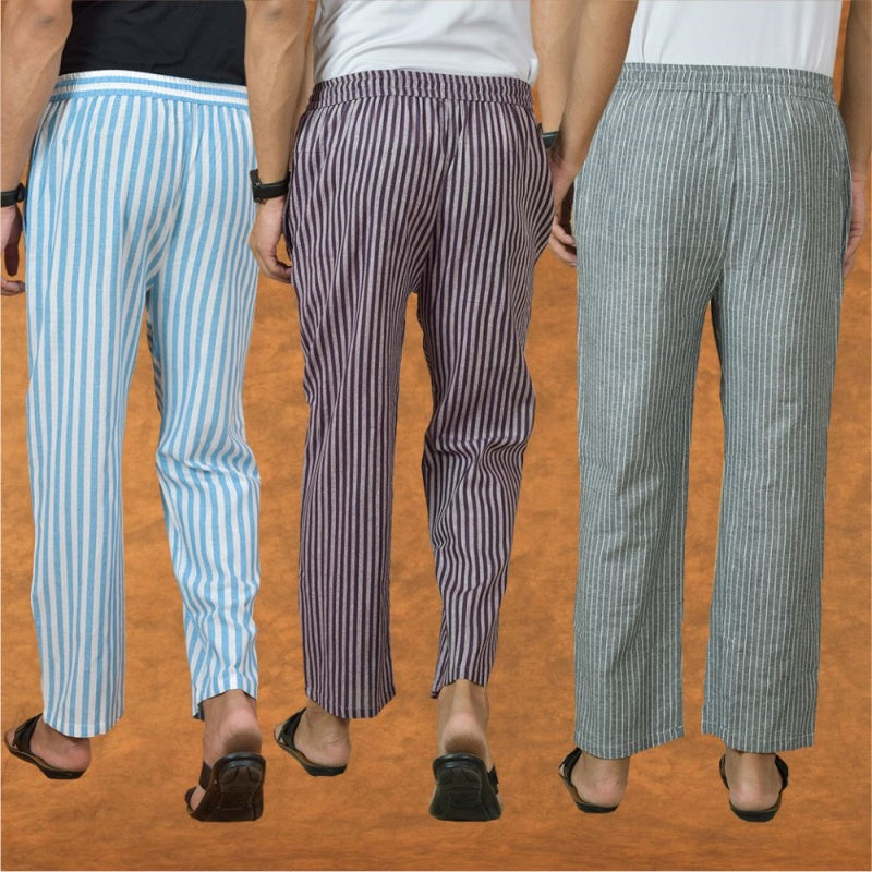 COMBO OF 3 MEN STRIPE COTTON HANDLOOM PANT PURPLE GRAY AND SKY BLUE