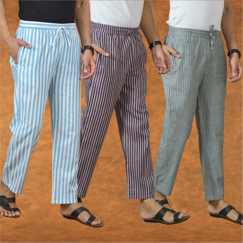 COMBO OF 3 MEN STRIPE COTTON HANDLOOM PANT PURPLE GRAY AND SKY BLUE