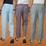COMBO OF 3 MEN STRIPE COTTON HANDLOOM PANT PURPLE GRAY AND SKY BLUE