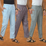 COMBO OF 3 MEN STRIPE COTTON HANDLOOM PANT PURPLE GRAY AND SKY BLUE