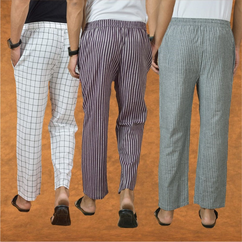 COMBO OF 3 MEN STRIPE COTTON HANDLOOM PANT PURPLE GRAY AND WHITE